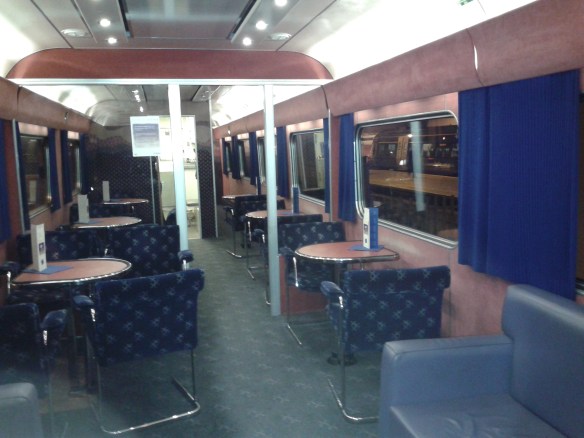 The First Class Lounge on the sleeper. Only train in Britain with real leather sofas.