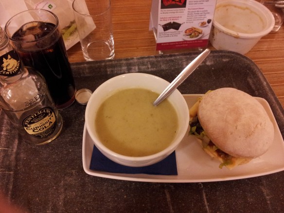 My lunch--a cheddar and English pickle sandwich, leek and potato soup, and a Fentiman’s Curiosity Cola.  It was pretty good, actually. 