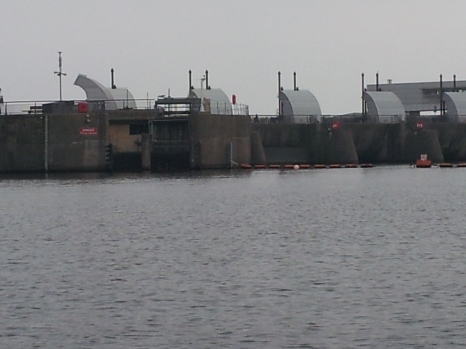 Sluice gates that let the water out when the bay gets too full.