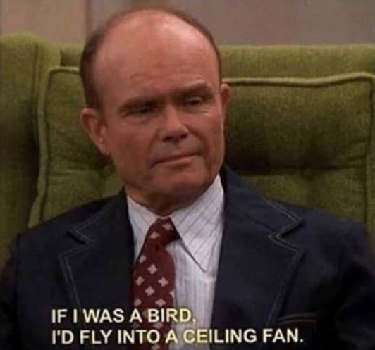 A balding man in a jacket and tie looks disgusted. Text below reads "If I was a bird, I'd fly into a ceiling fan." 