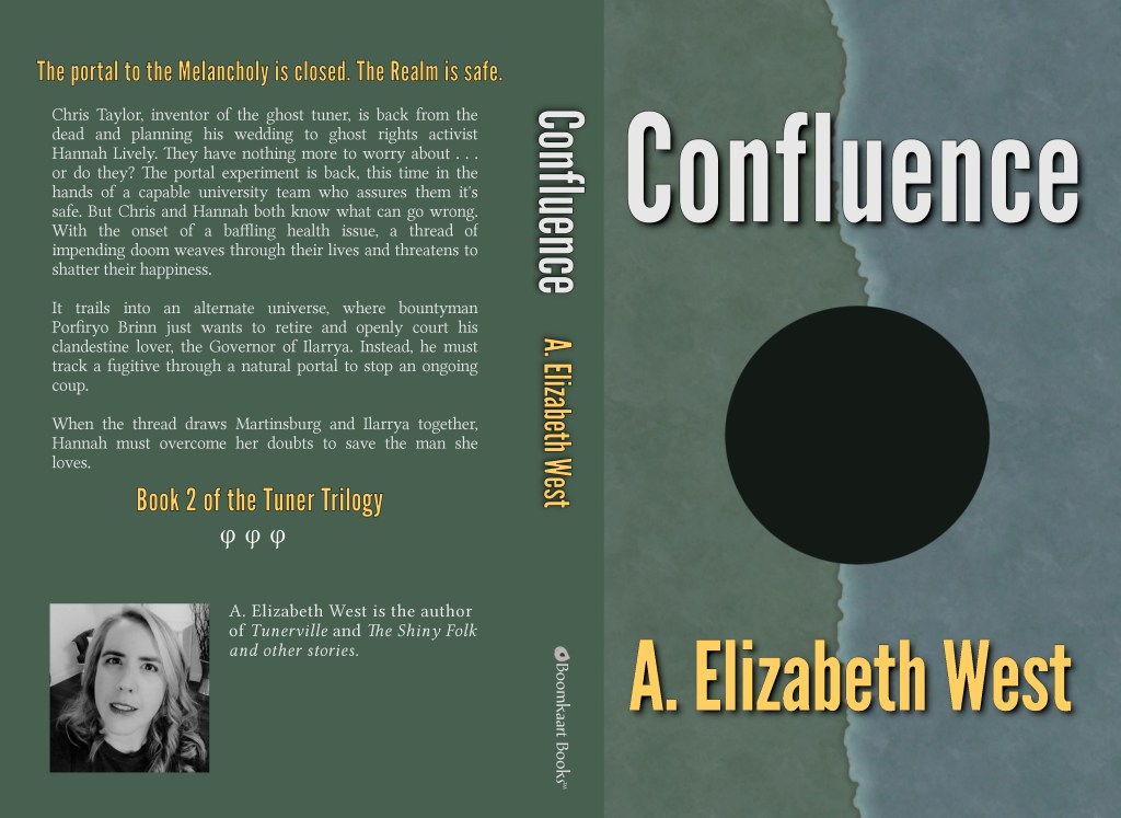 Confluence paperback book cover, background in green and blue with a large black hole in the center, bisected by a glowing line. Title in large white font above the hole and author name below in light yellow font. At left is the back text with an author photo below.