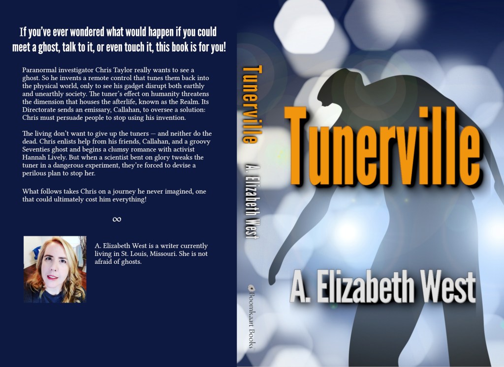 Tunerville paperback book cover shows a shadowy figure on a blue field of hexagonal lights and a title in orange font. Author name below title in white font. At left is the back text and and an author photo at the bottom. 