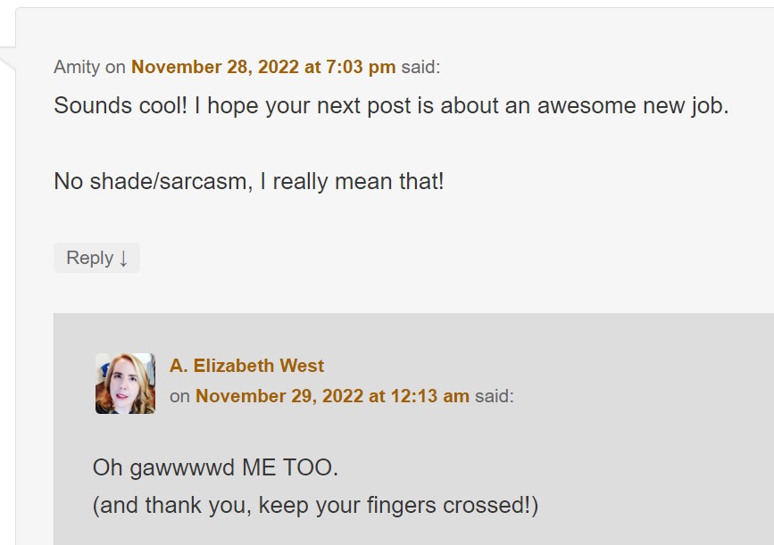 Comment from Amity - Sounds cool! I hope your next post is about an awesome new job. No shade/sarcasm, I really mean that!
Reply from Elizabeth - Oh gawd me too. And thank you, keep your fingers crossed!