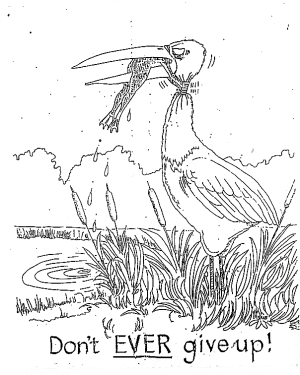 Drawing of a heron trying to swallow a frog. The frog's head is in the bird's throat but its fists are tightly squeezed around the heron's neck, preventing it from swallowing. Below the picture is a  caption that says "Don't ever give up!"