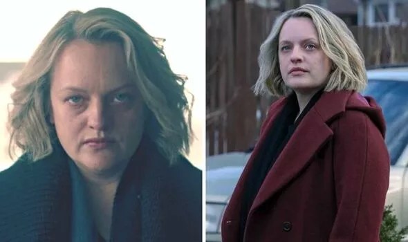 Side-by-side pictures of a blonde woman, staring fiercely into the camera and in a red coat looking off into the distance. 