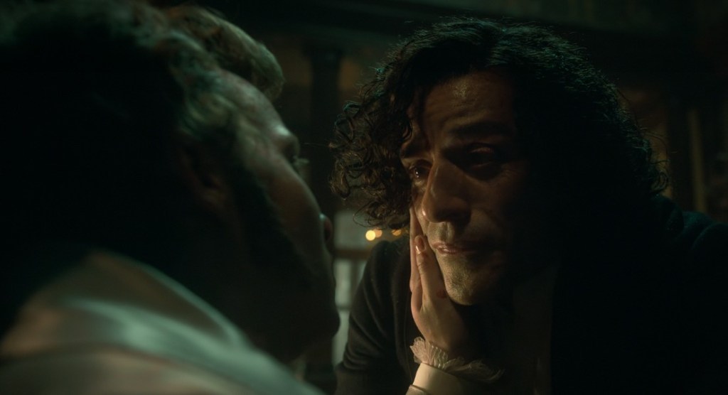 Victor's brother William is at left, dying, as Victor looks at his brother in anguish. William's hand is on Victor's cheek. 
